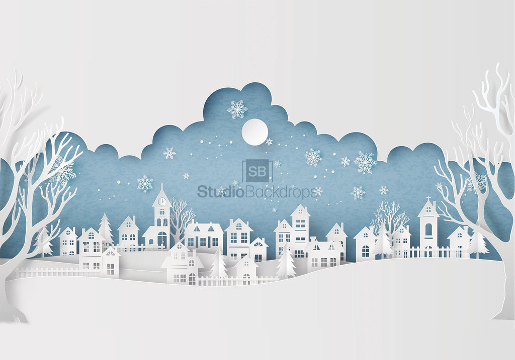 Winter Paper Cutout Village Snow Scene Photography Backdrop BD-277-SCE