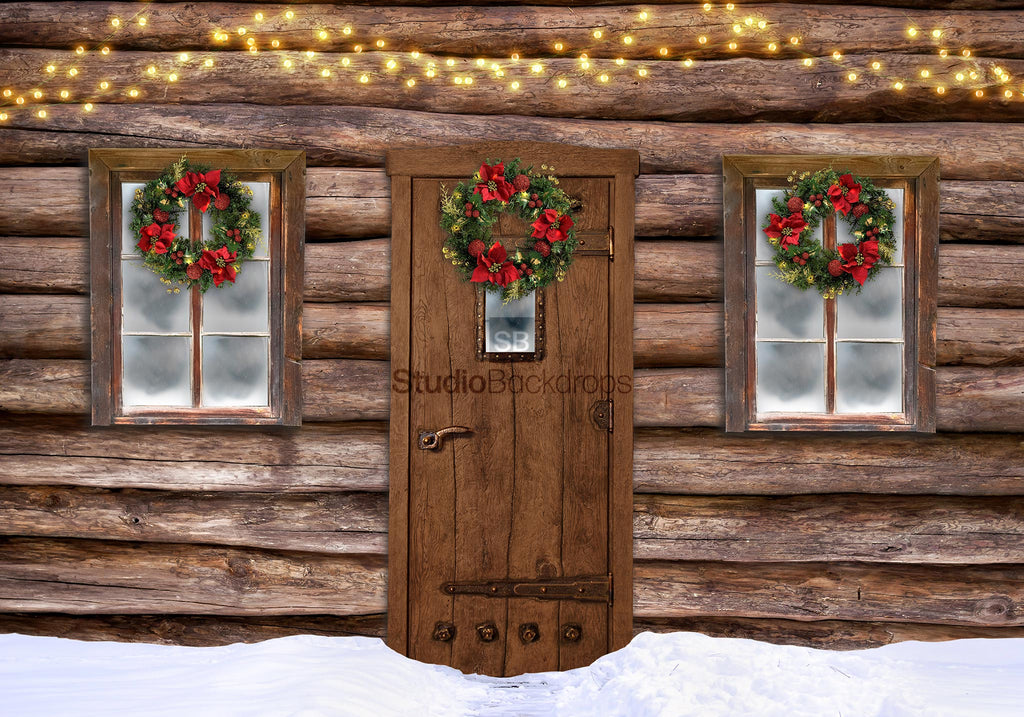 Wood Cabin Snow Door Santa Grotto Scene Photography Backdrop BD-275-SCE
