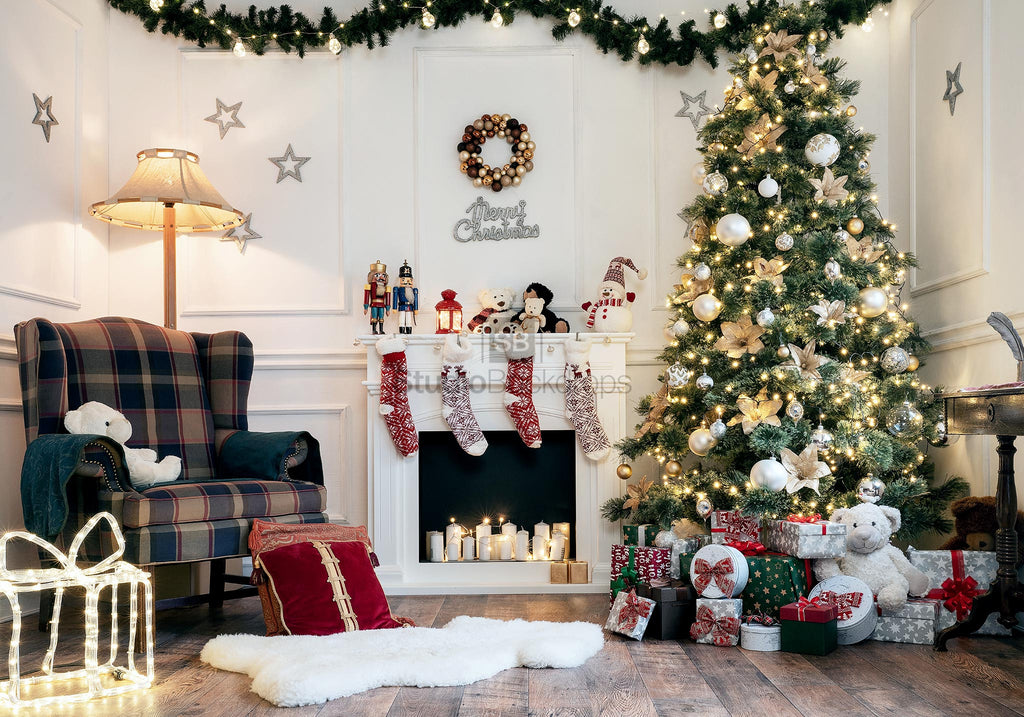 Christmas Fireplace White Decor Photography Backdrop BD-155-SCE