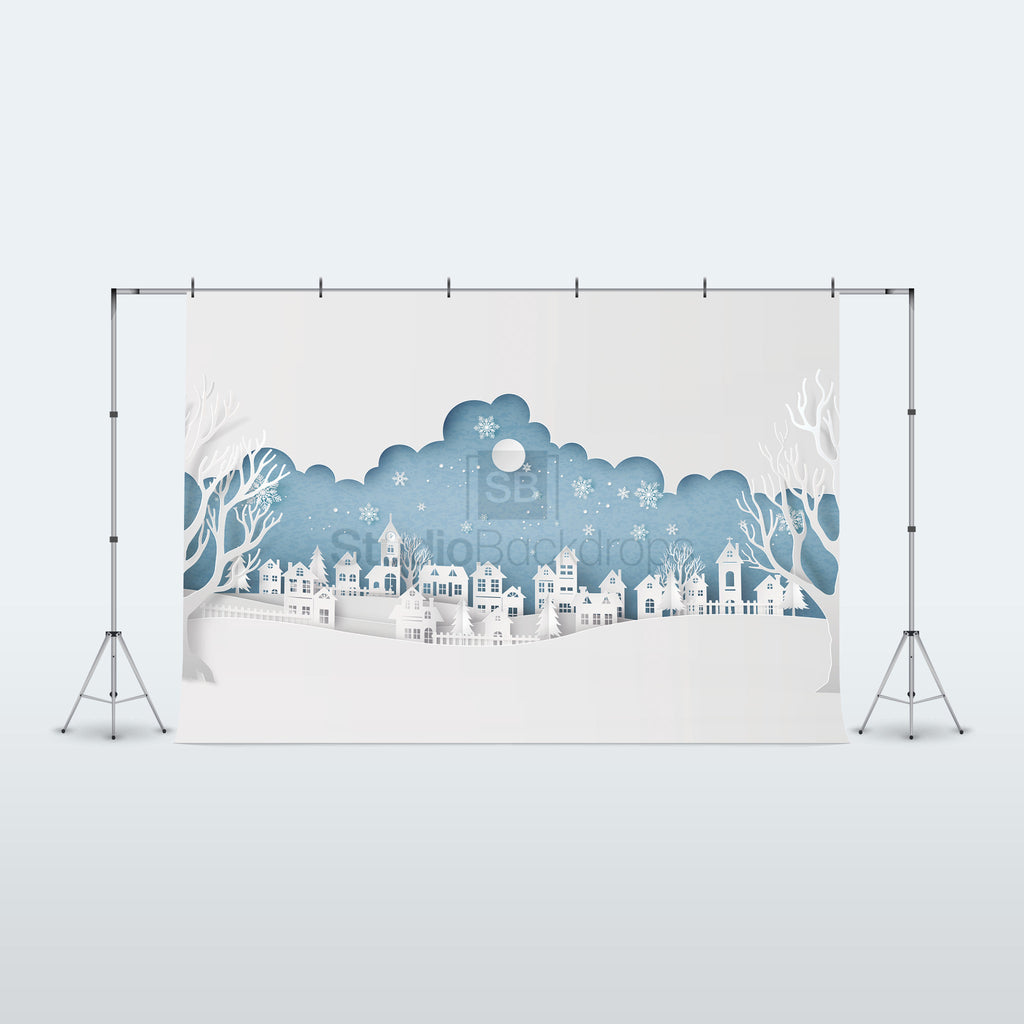 Winter Paper Cutout Village Snow Scene Photography Backdrop BD-277-SCE