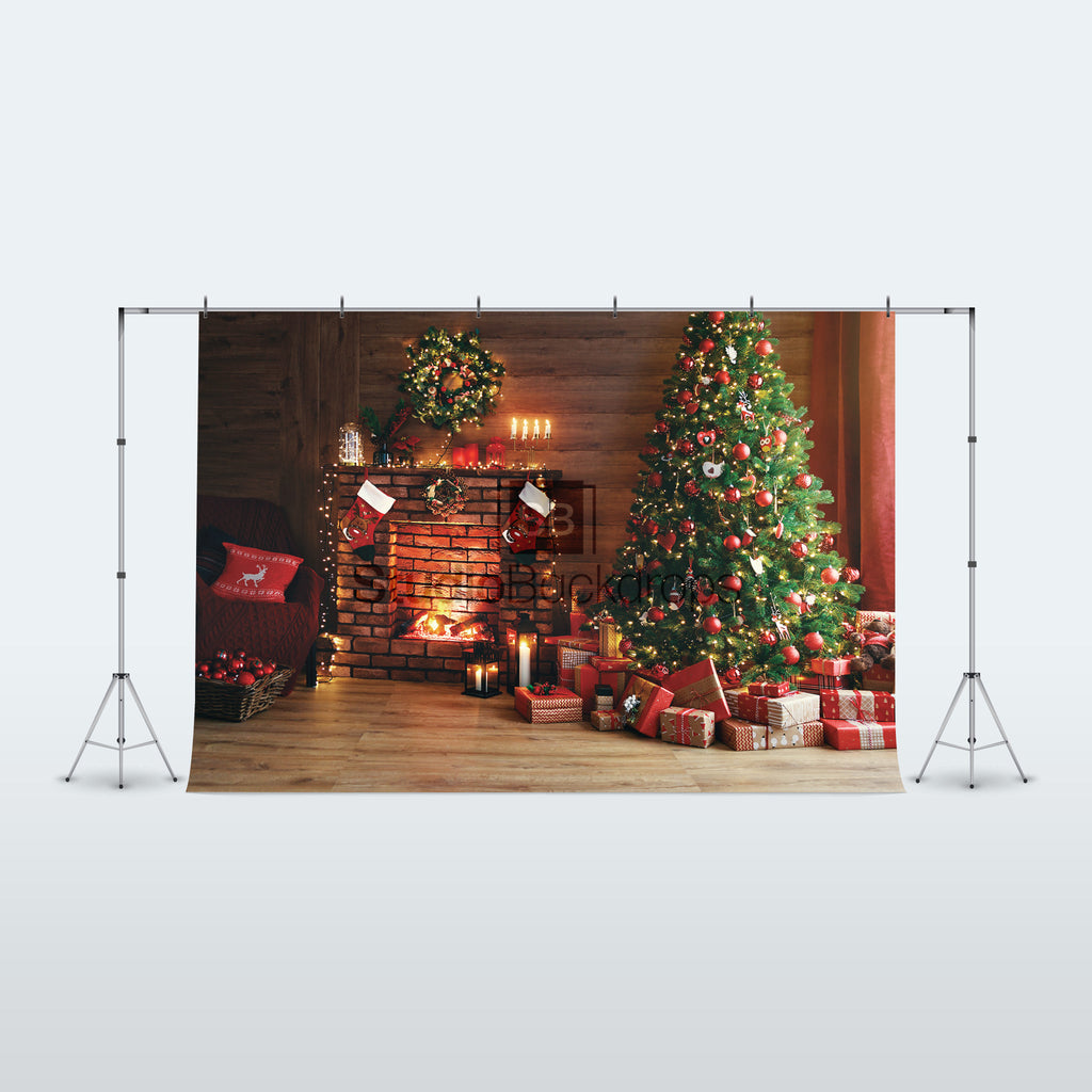 Christmas Interior Fireplace with Tree Photography Backdrop BD-301-SCE